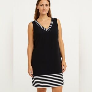 Frank Lyman Elegant Black Shift Dress with Contrast Stripe Trim Fits Size 18-20